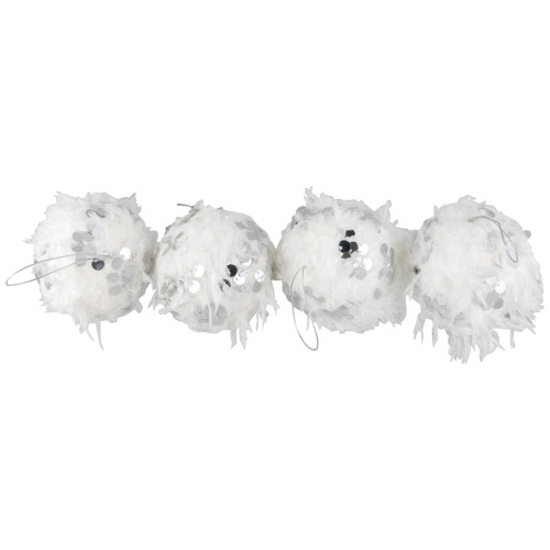 Feather Ball with Large Sequins Christmas Ornaments - 3.5" - White - Set of 4