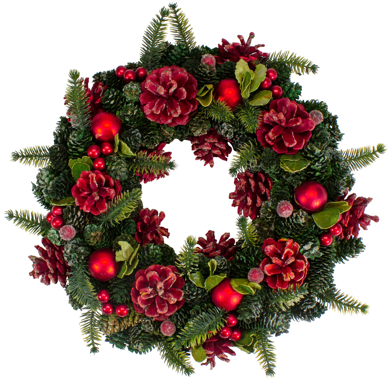 Red  Pine Cones and Ornaments Christmas Wreath, 13" - Unlit