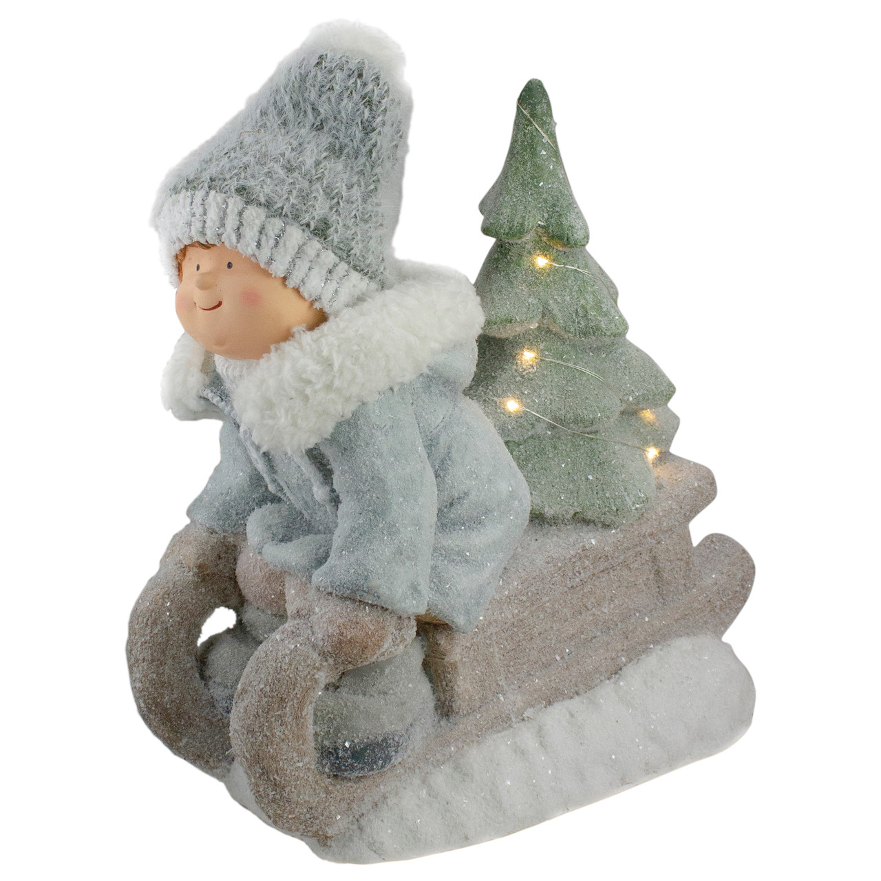 Lighted Boy on a Sled with Tree Christmas Decoration - 15" - Warm White Lights