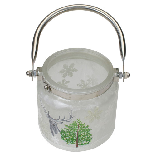 4" Deer, Pine and Snowflakes Hand Painted Flameless Glass Candle Lantern