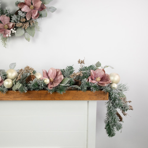 6' Pink Floral and Ball Ornament Frosted Pine Artificial Christmas Garland