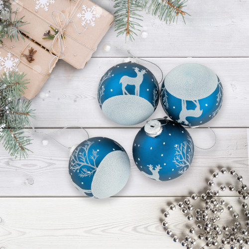4ct Blue Glass Ball Christmas Ornaments with Glitter Reindeer 3"
