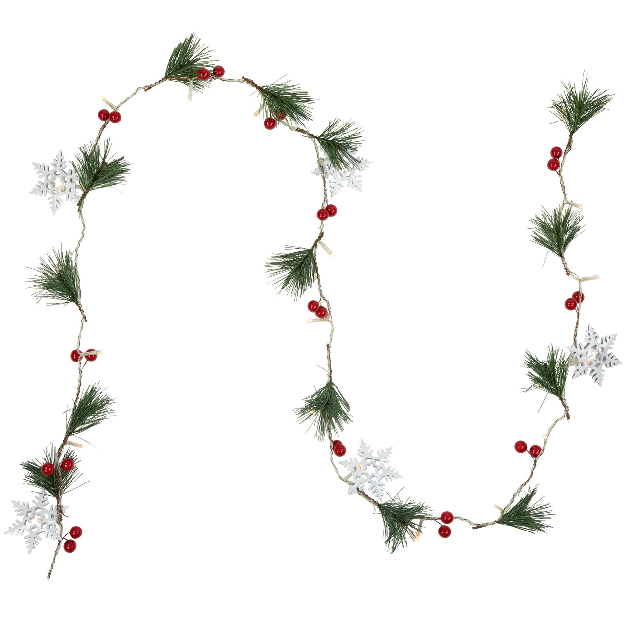 Pre-Lit B/O Pine, Berry and Snowflake Christmas Garland - 6' - Warm White LED Lights