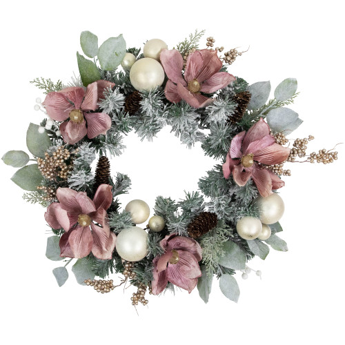 Pink Floral and Ball Ornament Frosted Pine Artificial Christmas Wreath, 24-Inch, Unlit