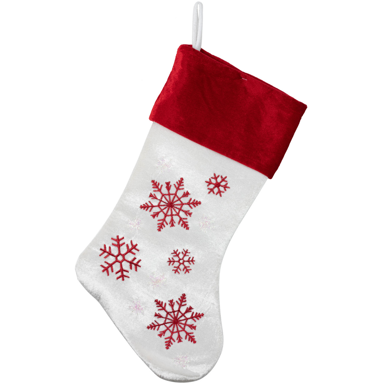 19" Red and White Velvet Embroidered Snowflake Christmas Stocking