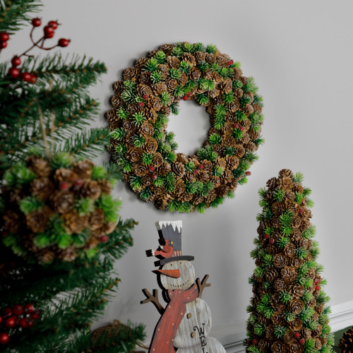 MIni Pinecone and Berries Frosted Christmas Wreath - 13" - Unlit