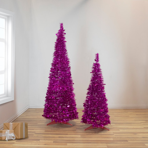 6' Pink Tinsel Pop-Up Artificial Christmas Tree, Unlit