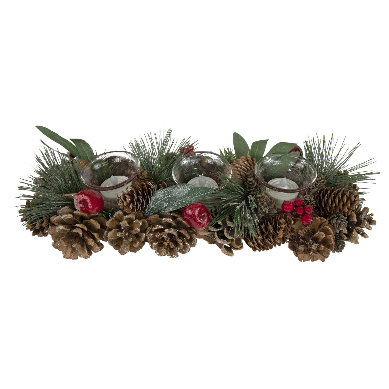 Glitter Pinecones and Red Berries Tealight Christmas Candle Holder - 15.25"