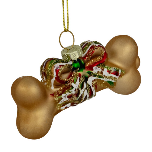 3.25" Gold Dog Bone with Bow Glass Christmas Ornament