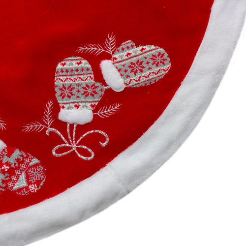 48-Inch Red and White Embroidered Winter Mittens Christmas Tree Skirt