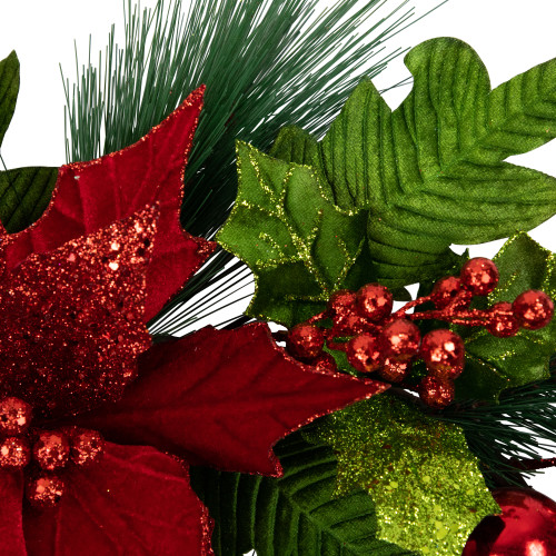 24" Glittered Red Poinsettia and Long Pine Christmas Wreath, Unlit