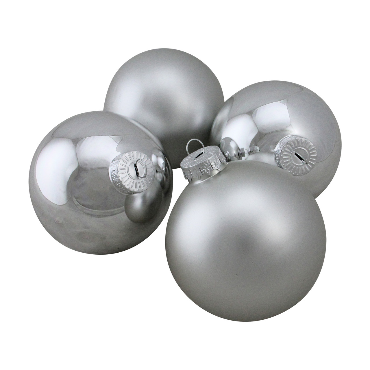 4ct Shiny and Matte Silver Christmas Glass Ball Ornaments 4" (100mm)