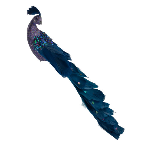 14.75" Glittered Blue and Green Peacock Christmas Clip-On Christmas Ornament
