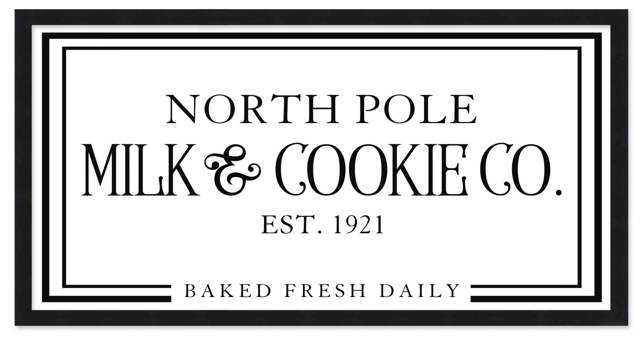 North Pole Milk and Cookie Company 11.5" x 21.5" Framed Christmas Wall Decor  Sign Poster in a Black Wooden Frame with UV Acrylic and Hangers