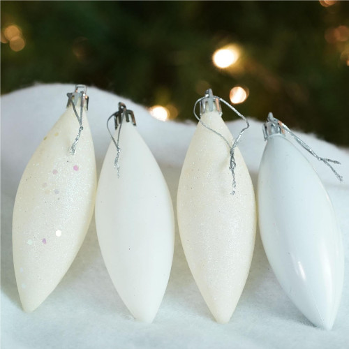 8ct Winter White Shatterproof 4-Finish Christmas Finial Drop Ornaments 5.5"