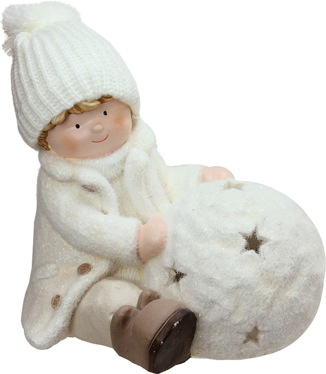 Christmas Snowball with Sitting Boy Tealight Candle Holder - 12.5" - White