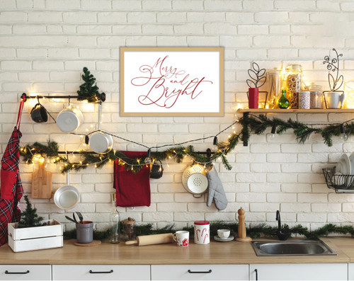 Red Merry and Bright 15.5" x 21.5" Framed Christmas Wall Decor Art Print Sign Poster in a Natural Wooden Frame with UV Acrylic and Hangers