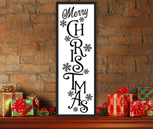 Merry Christmas Snowflakes 13.5" x 37.5" Framed Christmas Wall Decor Art Print Sign Poster in a Black Wooden Frame with UV Acrylic and Hangers