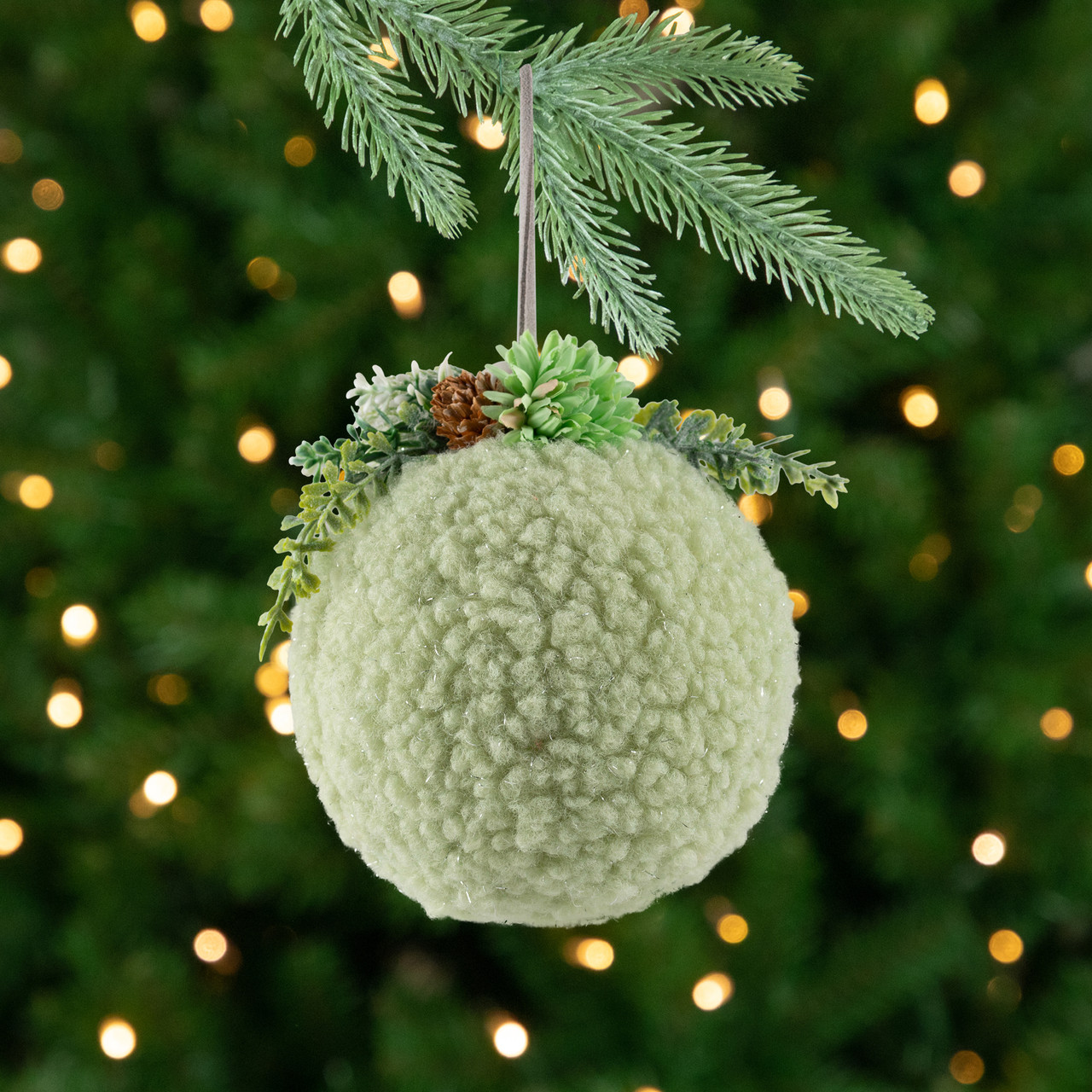 Plush Christmas Ball Ornament with Winter Foliage - 4" - Green