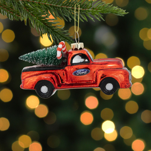 4" Red Vintage Ford Truck with Frosted Tree Glass Christmas Ornament