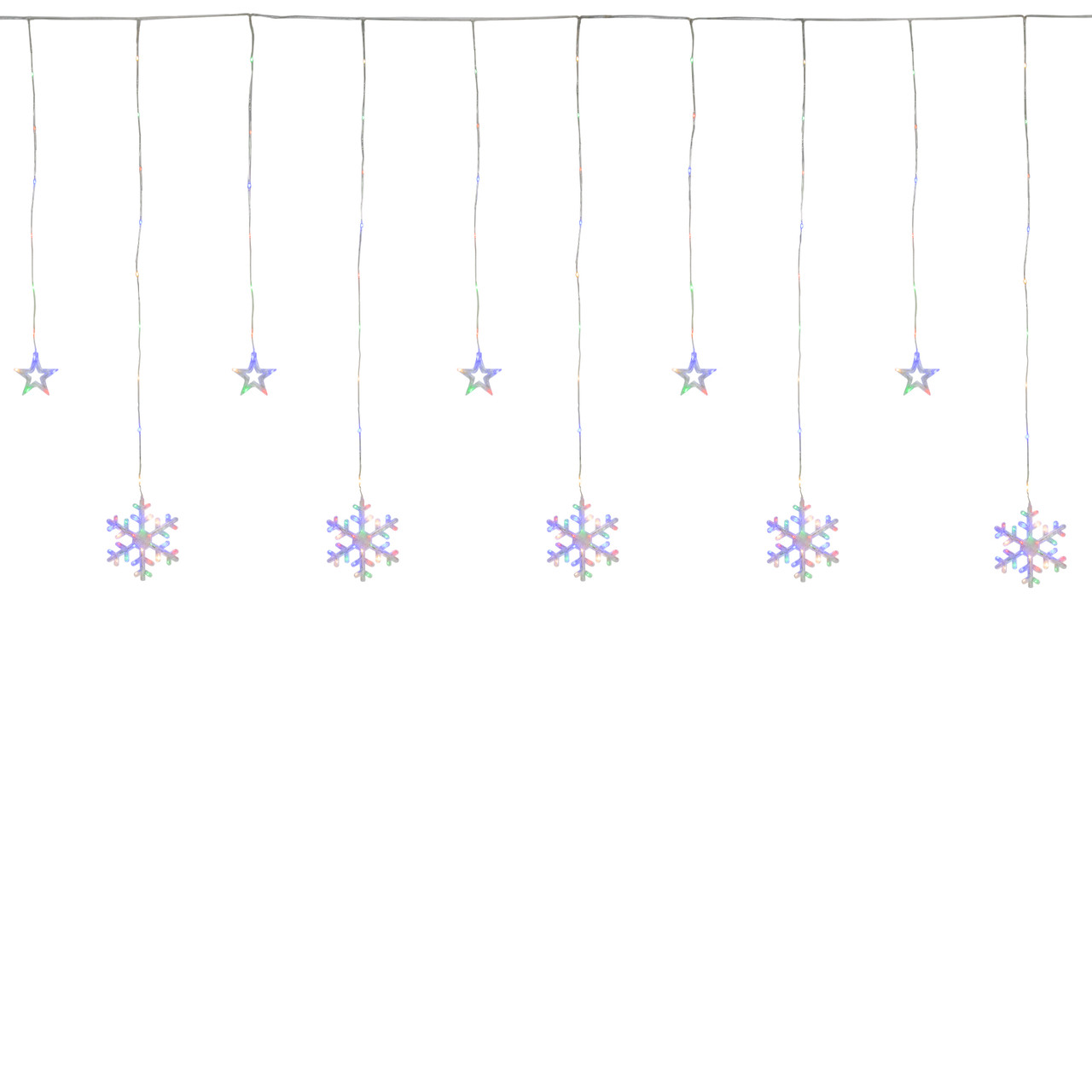 250 Multi-Color LED Star and Snowflake Window Curtain Christmas Lights - 16ft Clear Wire