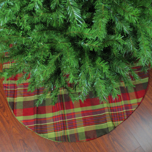 48" Red and Green Plaid Rustic Woodland Christmas Tree Skirt with Green Trim