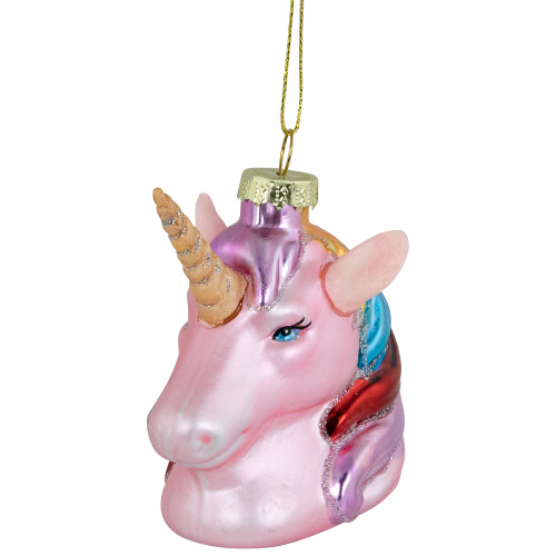 3.5" Pink Unicorn Head with Rainbow Mane Glass Christmas Ornament