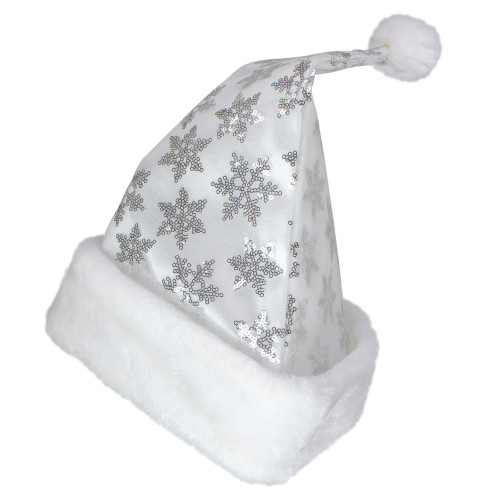 21" Silver and White Sequin Snowflake Christmas Santa Hat Costume Accessory - Medium