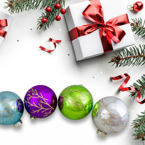 Set of 4 Multi-Color Shiny Glass Ball Christmas Ornaments 4-Inch (100mm)