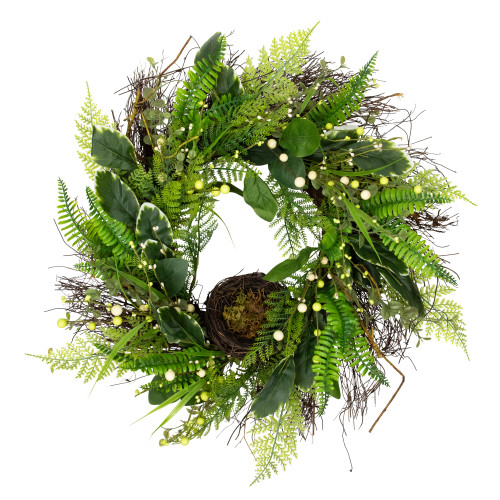 Green and Brown Foliage Artificial Spring Wreath with Nest - 24" - Unlit