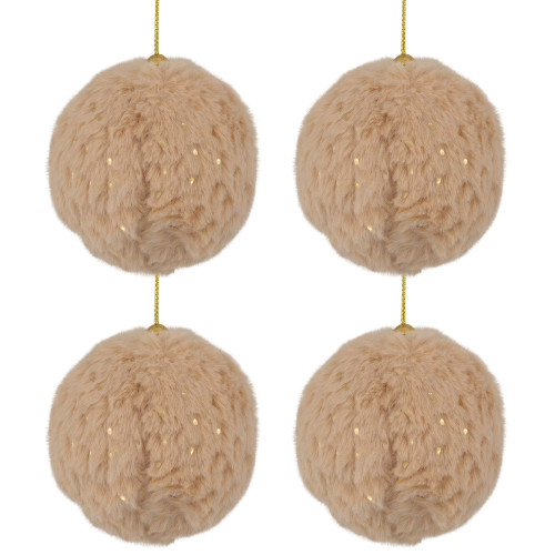 Faux Fur and Sequin Christmas Ball Ornaments - 2.75" - Beige - Set of 4