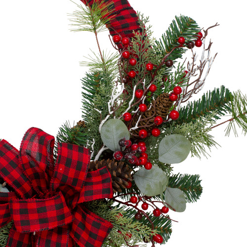Red and Black Buffalo Plaid and Berry Artificial Christmas Wreath - 24-Inch, Unlit