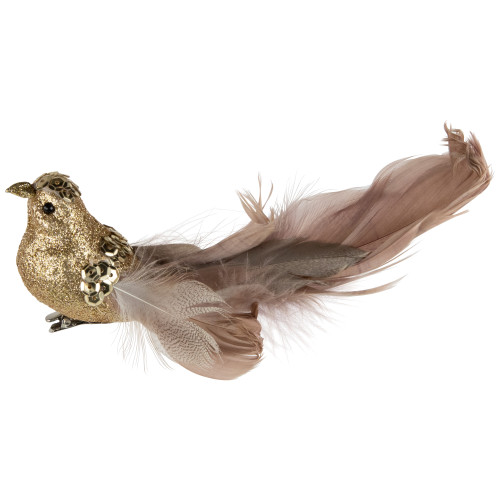 6" Gold Sequins and Glitter Bird with Clip and Feathers Christmas Ornament