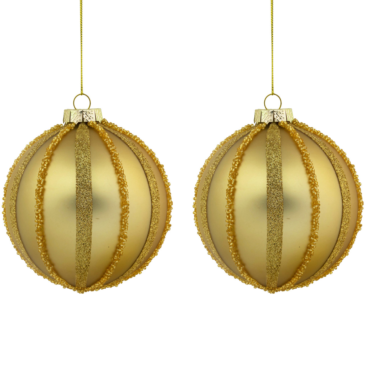 Set of 2 Gold Striped Glittered Glass Christmas Ball Ornaments 4"