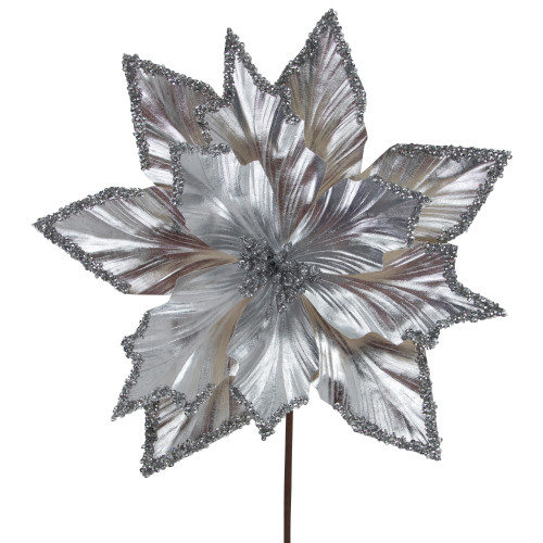 24" Metallic Silver Poinsettia Christmas Stem Spray