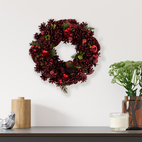 Red Pinecone, Berry and Ornament Christmas Wreath, 13.5-Inch, Unlit