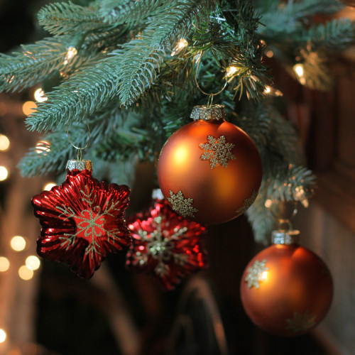 4ct Shiny Red Stars and Amber Orange Balls Glass Christmas Ornaments 4.25"