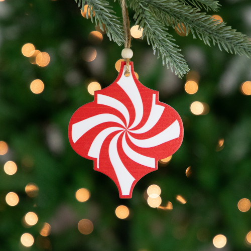 4.5" Red and White Candy Cane Swirl Bauble Wooden Christmas Ornament