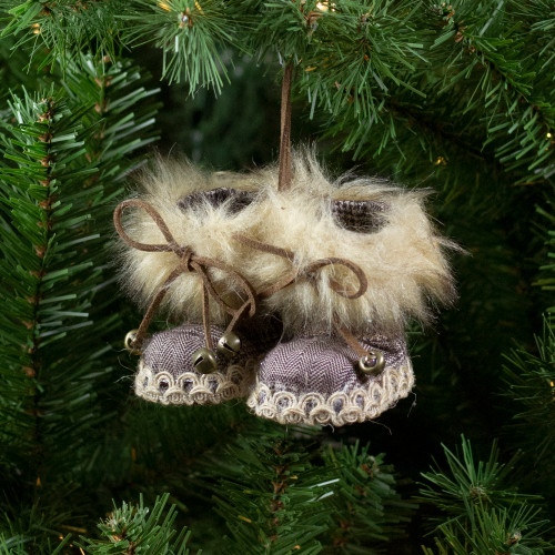 Houndstooth Booties with Faux Fur Trim Christmas Ornament - 3"