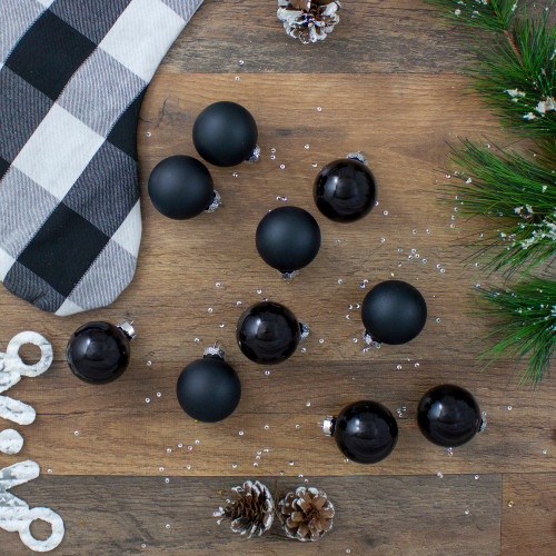 10ct Shiny and Matte Black Glass Ball Christmas Ornaments 1.75" (45mm)