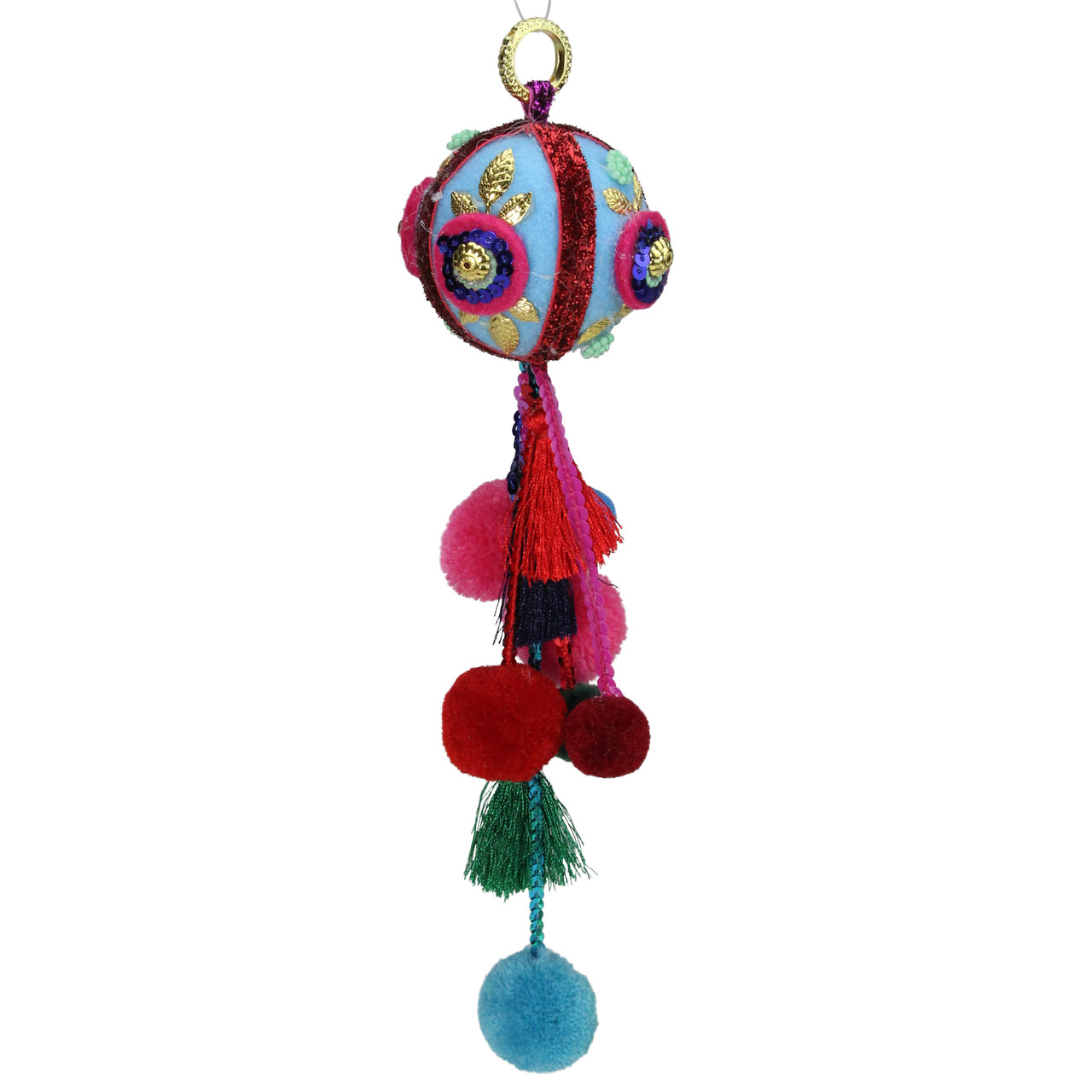 10.25" Blue and Red Ball with Pompoms Christmas Ornament