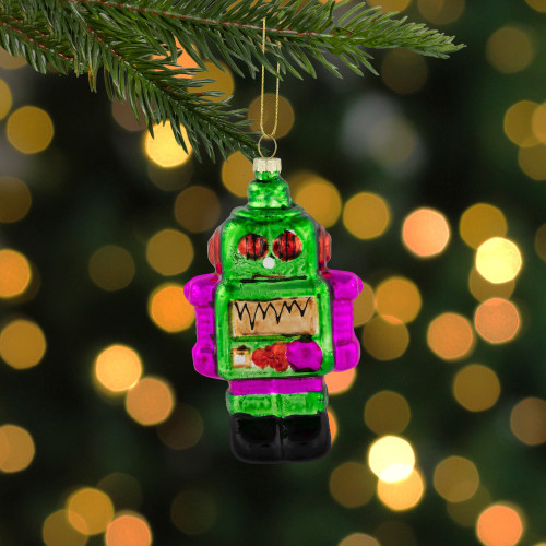 5" Green and Purple Robot Glass Christmas Ornament