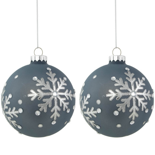 Set of 2 Slate Blue Jeweled Snowflake Glass Christmas Ball Ornaments