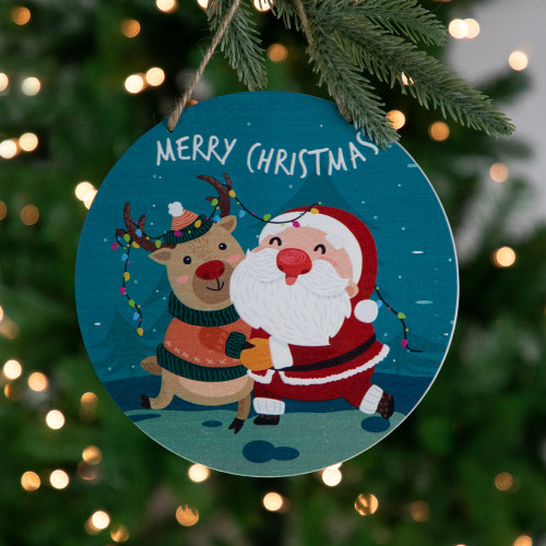 8" Santa and Reindeer "Merry Christmas" Disc Ornament
