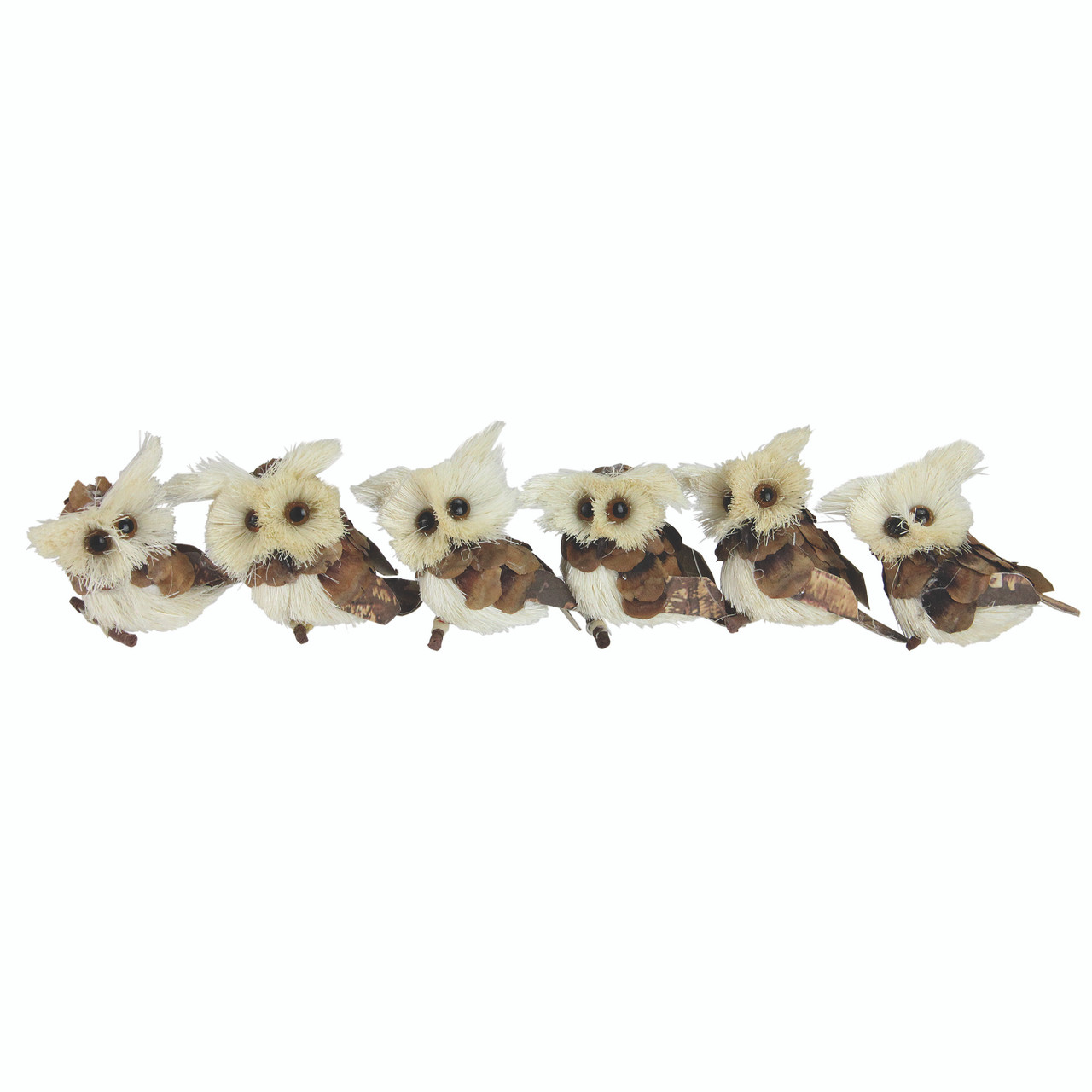 Set of 6 Brown and Ivory Sisal Owls Christmas Ornaments, 2.25"