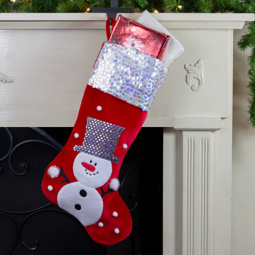 20.5" Red and White Snowman Embroidered Christmas Stocking with Sequined Cuff