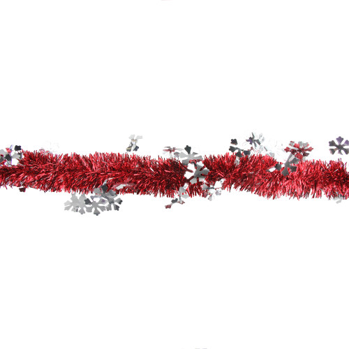 12' x 3" Shiny Red Tinsel  with Silver Snowflakes Artificial Christmas Garland - Unlit