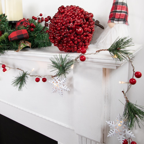 Pre-Lit B/O Pine, Berry and Snowflake Christmas Garland - 6' - Warm White LED Lights