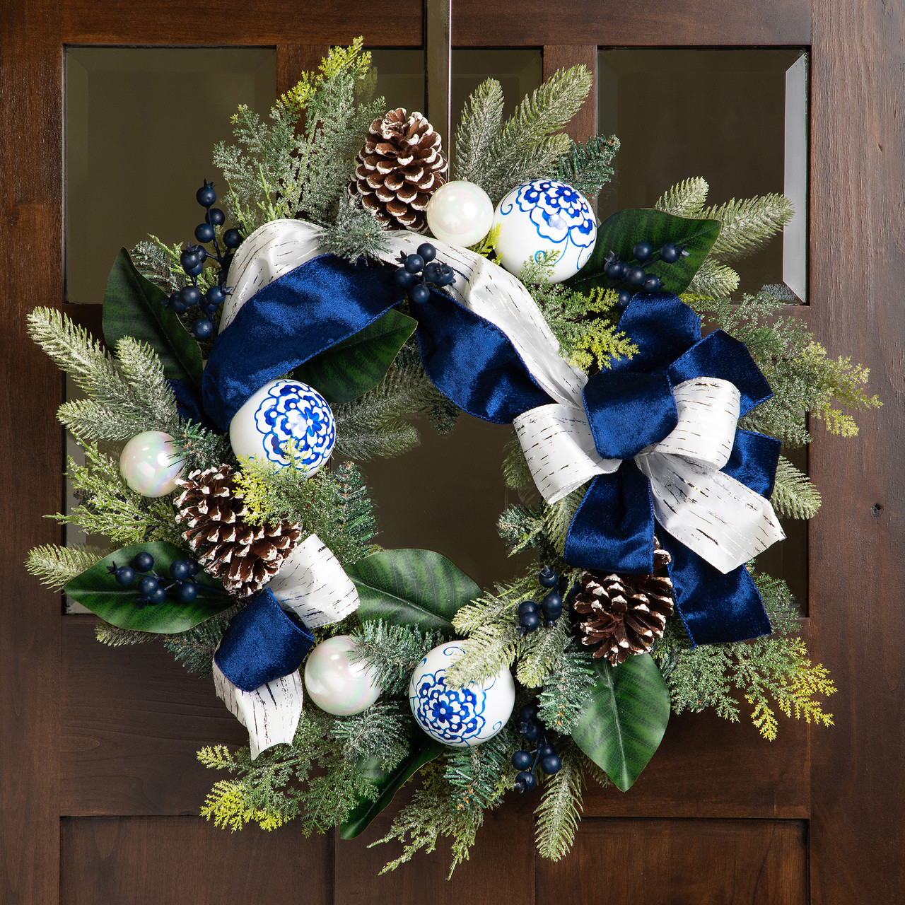 Frosted Pine with Blueberries, Bows and Ornaments Christmas Wreath - 24" - Unlit