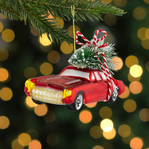 5" Red Vintage Car with Christmas Tree Glass Ornament